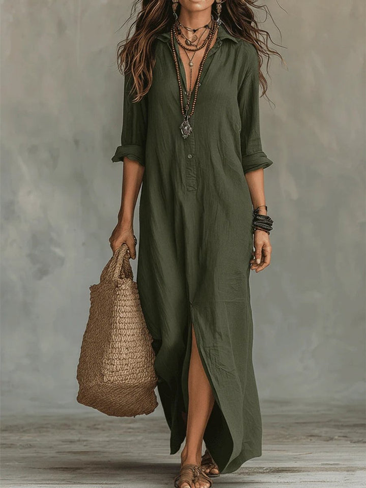 Women's Relaxed-Fit Button-Up Long Sleeve Dress Linen Maxi - Green