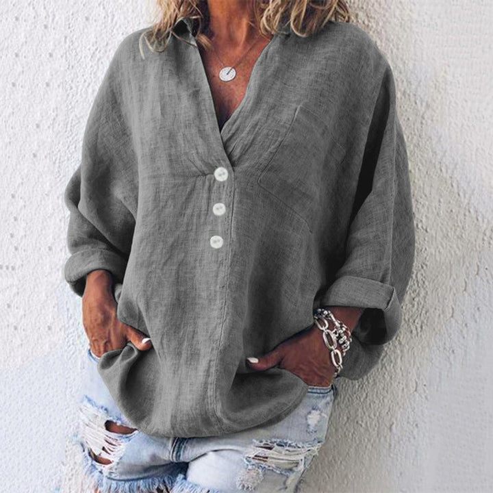 Women's Relaxed-Fit Cotton Linen Button-Up Sweater Top - Grey