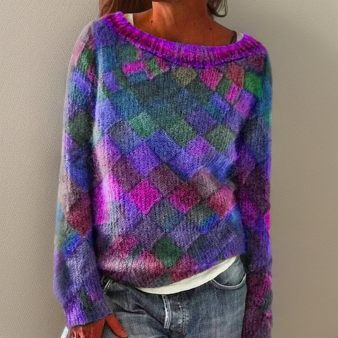 Women's Relaxed-Fit Diamond-Pattern Knit Sweater - Purple