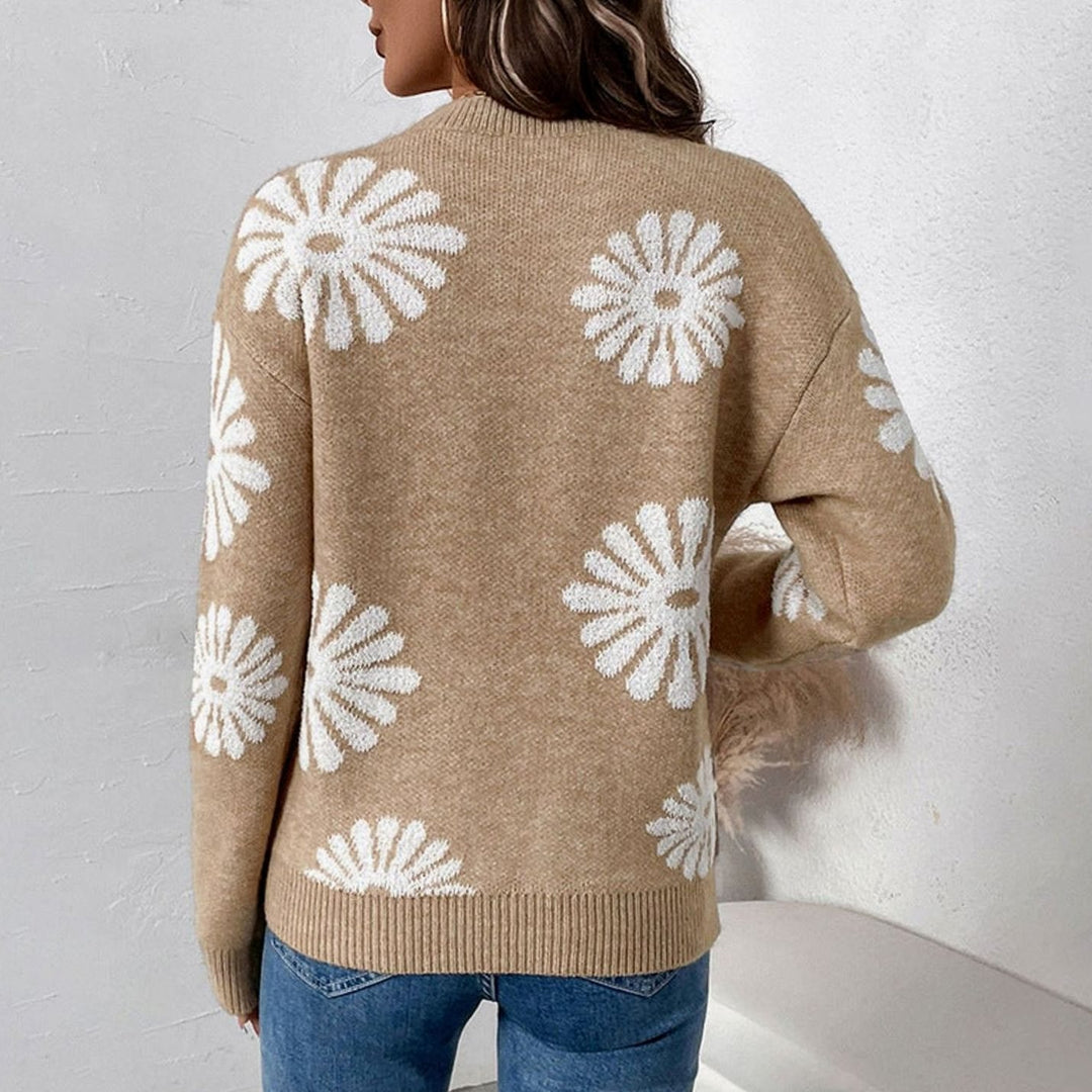 Women's Relaxed-Fit Floral Intarsia Knit Crew-Neck Sweater