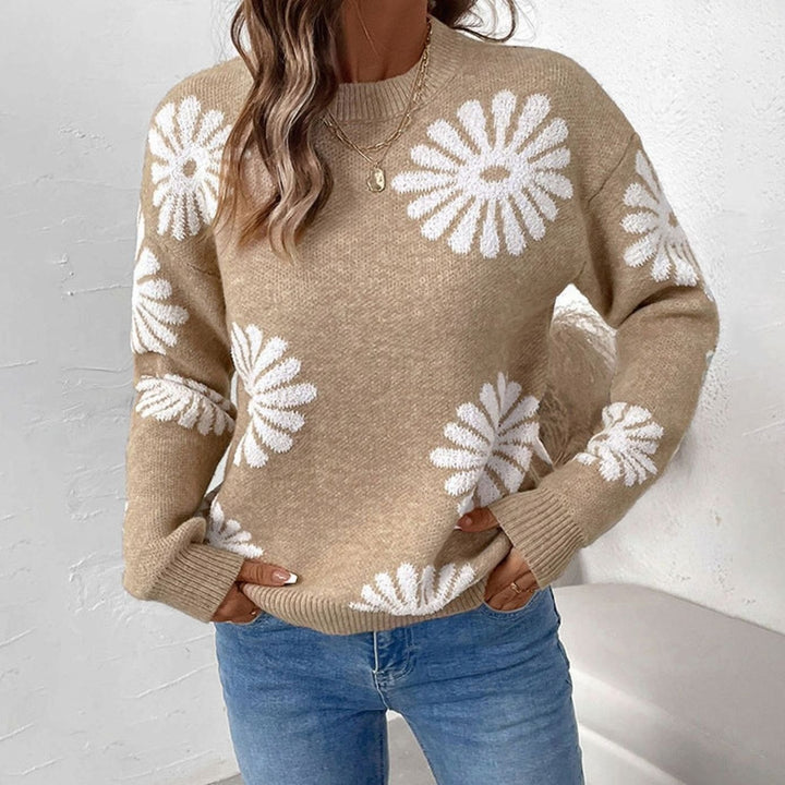 Women's Relaxed-Fit Floral Intarsia Knit Crew-Neck Sweater - Khaki
