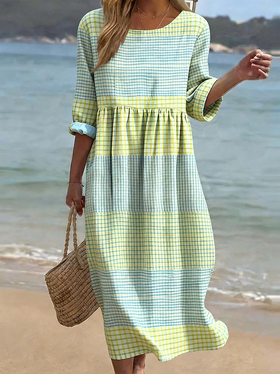 Women's Relaxed-Fit Half-Sleeve Printed Midi Dress - Checked