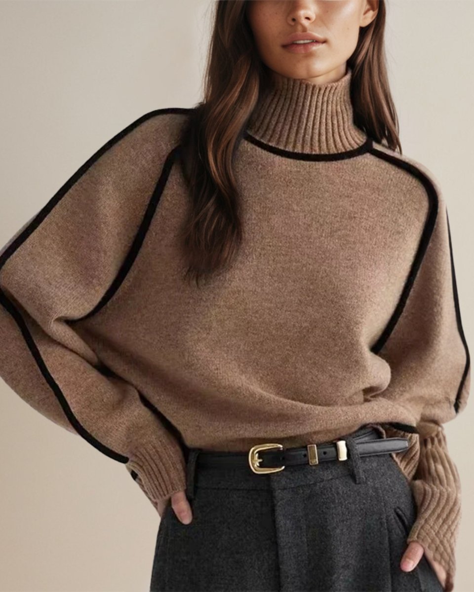 Women's Relaxed-Fit Lantern-Sleeve Knit Turtleneck Sweater - Brown