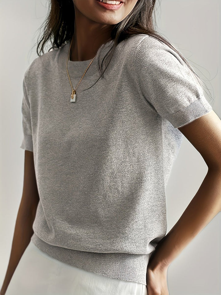 Women's Relaxed-Fit Short-Sleeve Knit Sweater Top - Light Grey