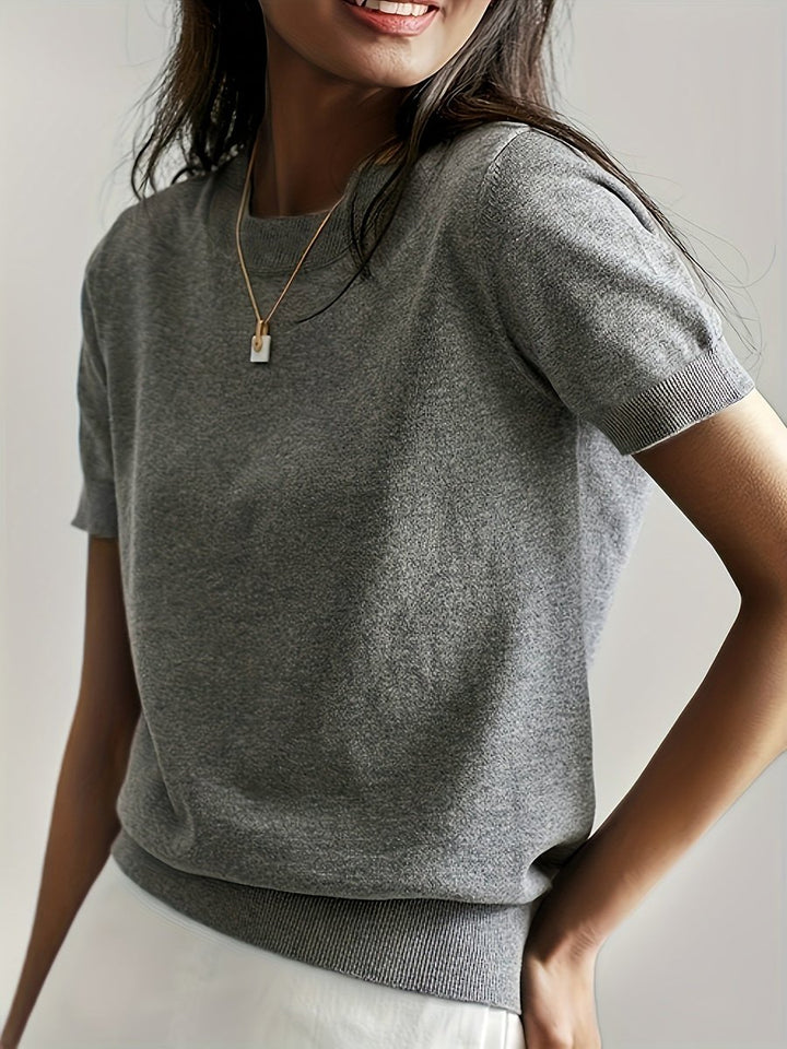 Women's Relaxed-Fit Short-Sleeve Knit Sweater Top - Grey