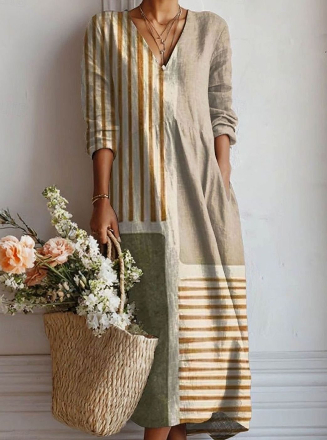 Women's Relaxed-Fit V-Neck Long-Sleeve Striped Maxi Day Dress - Multicolor