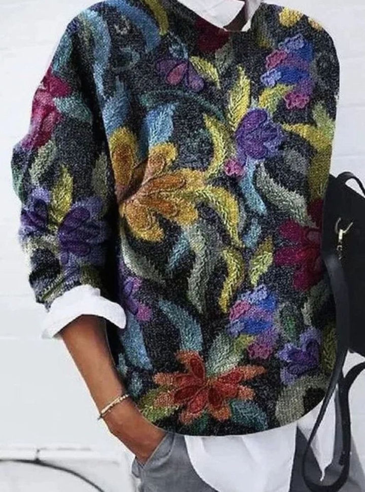 Women's Retro Floral Long-Sleeve Knit Womens Jumper - Colourful Flower