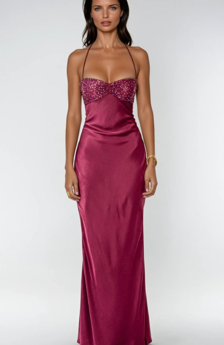 Women's Rhinestone-Embellished Halter-Neck Satin Maxi Dress - Violet