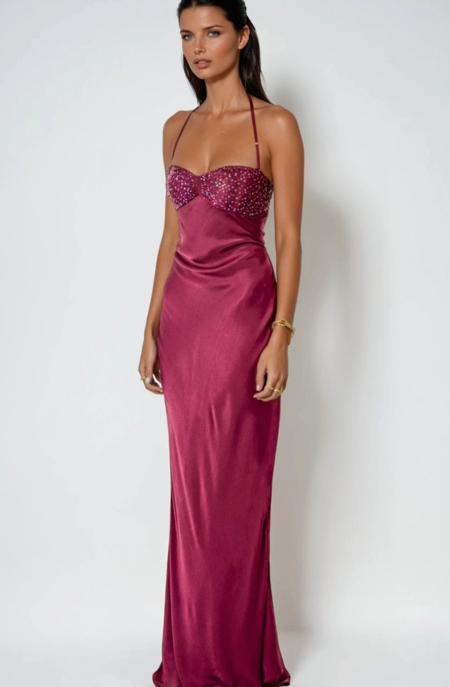 Women's Rhinestone-Embellished Halter-Neck Satin Maxi Dress