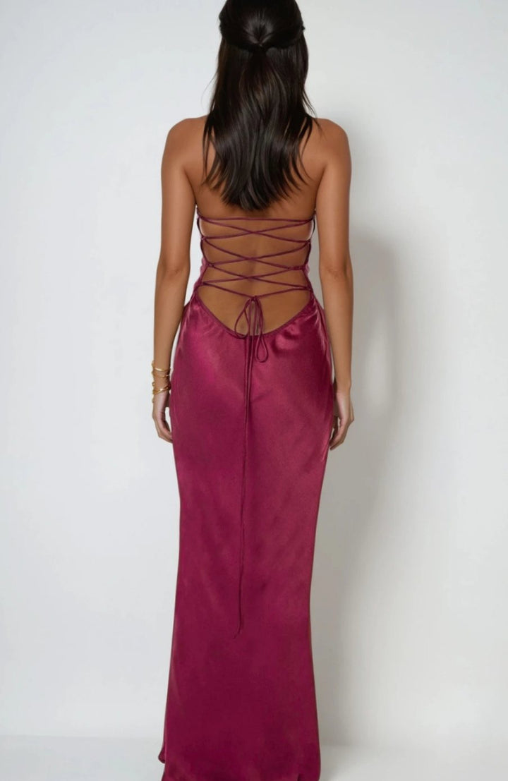 Women's Rhinestone-Embellished Halter-Neck Satin Maxi Dress