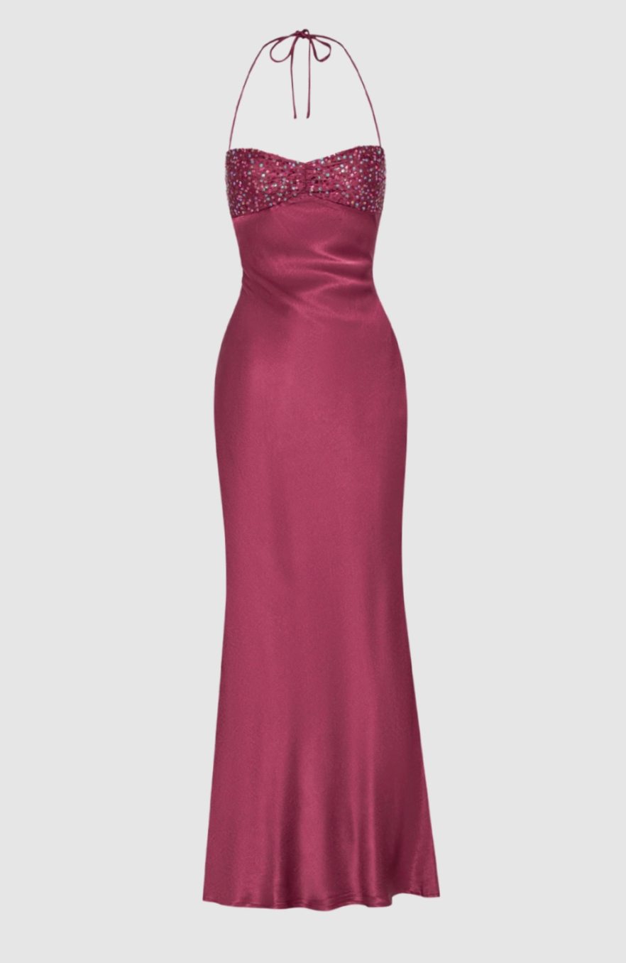 Women's Rhinestone-Embellished Halter-Neck Satin Maxi Dress