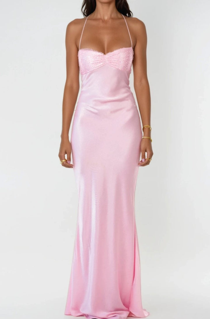 Women's Rhinestone-Embellished Halter-Neck Satin Maxi Dress