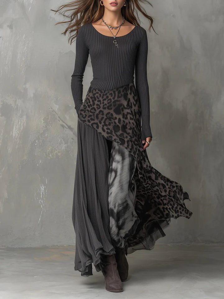Women's Ribbed Knit Leopard Print Maxi Long Sleeve Dress - Grey