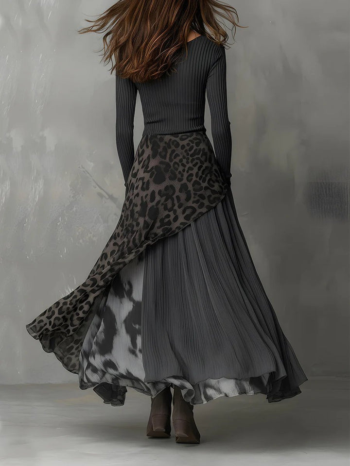Women's Ribbed Knit Leopard Print Maxi Long Sleeve Dress