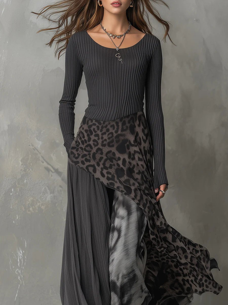 Women's Ribbed Knit Leopard Print Maxi Long Sleeve Dress