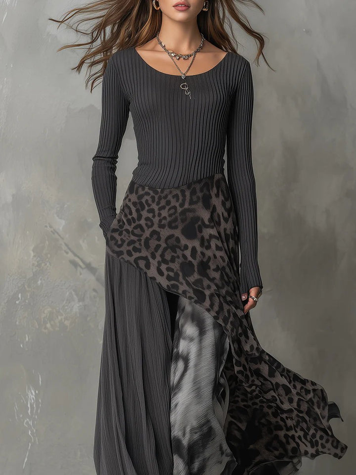 Women's Ribbed Knit Leopard Print Maxi Long Sleeve Dress