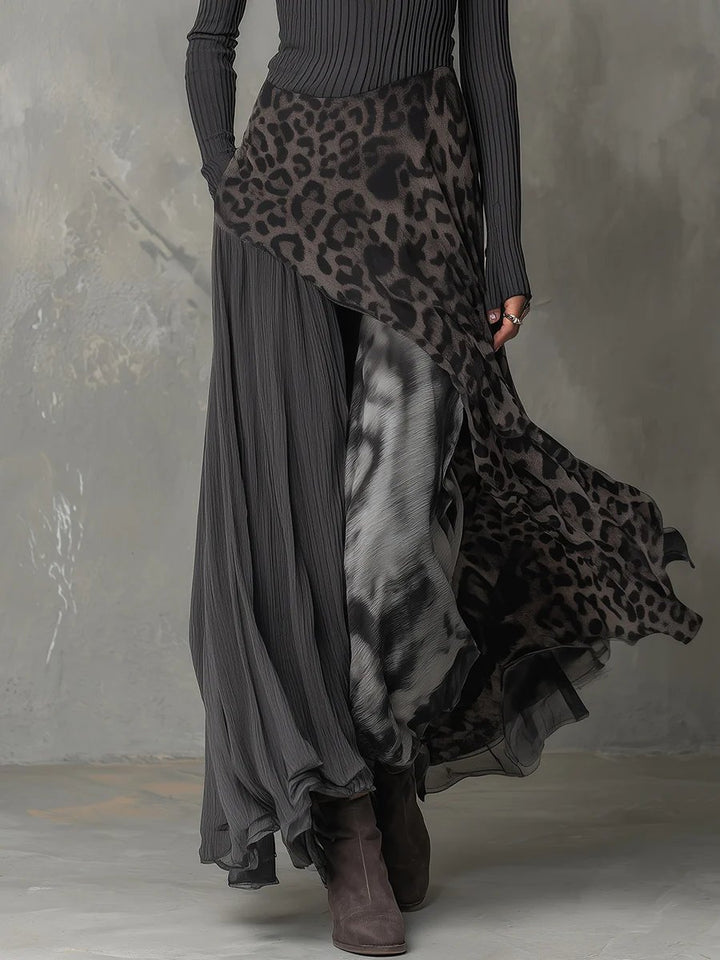 Women's Ribbed Knit Leopard Print Maxi Long Sleeve Dress
