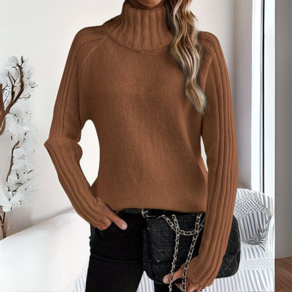 Women's Ribbed Knit Relaxed-Fit Turtleneck Sweater - Brown