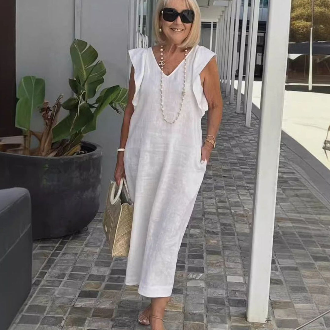 Women's Ruffle-Shoulder V-Neck Sleeveless Midi Sundress