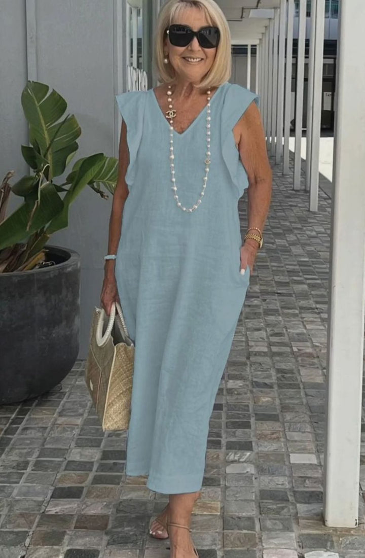 Women's Ruffle-Shoulder V-Neck Sleeveless Midi Sundress - Light Blue