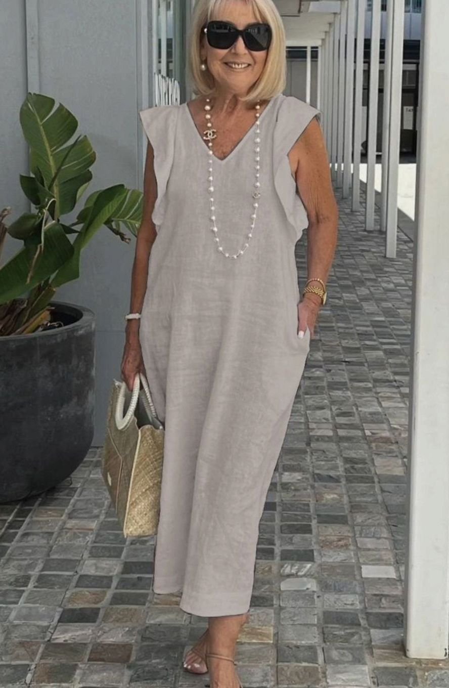 Women's Ruffle-Shoulder V-Neck Sleeveless Midi Sundress - Apricot