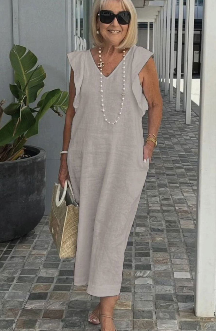 Women's Ruffle-Shoulder V-Neck Sleeveless Midi Sundress - Apricot