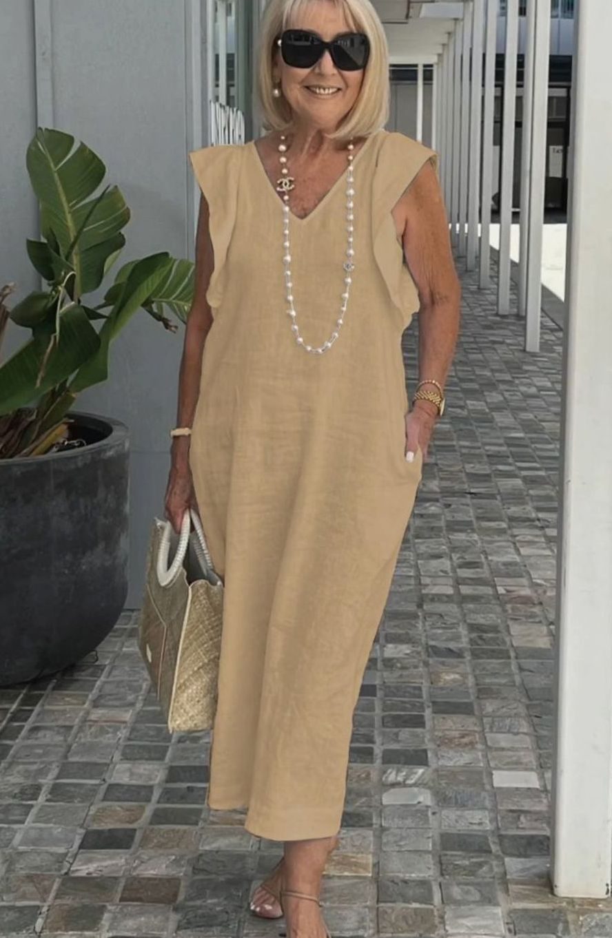 Women's Ruffle-Shoulder V-Neck Sleeveless Midi Sundress - Khaki