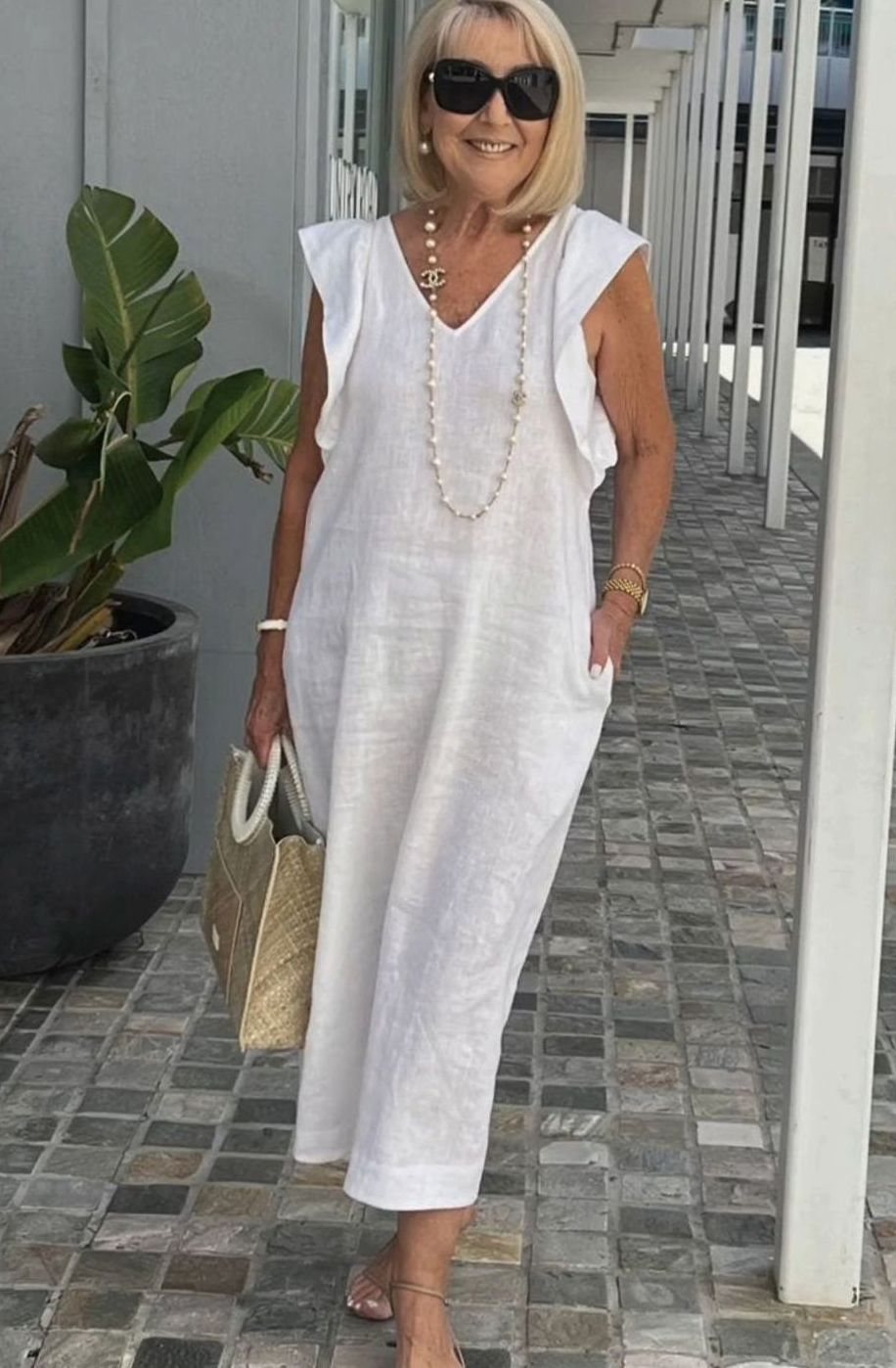 Women's Ruffle-Shoulder V-Neck Sleeveless Midi Sundress - White