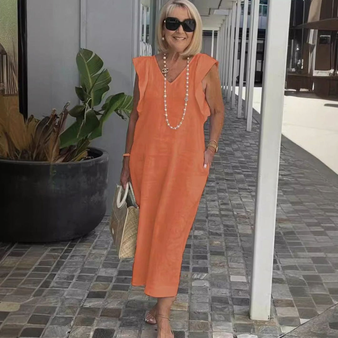 Women's Ruffle-Shoulder V-Neck Sleeveless Midi Sundress - Orange