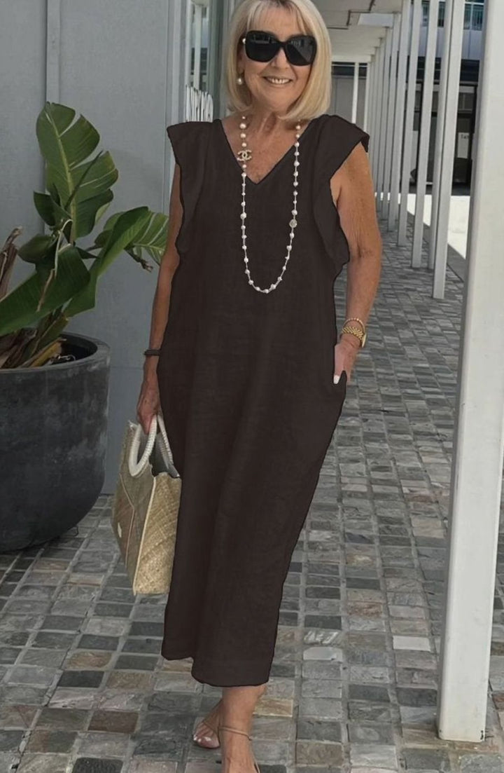 Women's Ruffle-Shoulder V-Neck Sleeveless Midi Sundress - Black