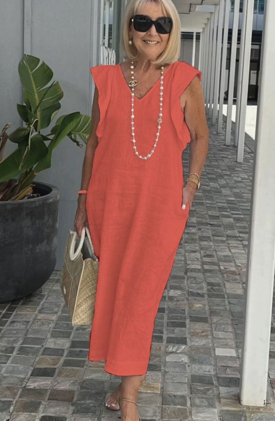 Women's Ruffle-Shoulder V-Neck Sleeveless Midi Sundress - Orange Red