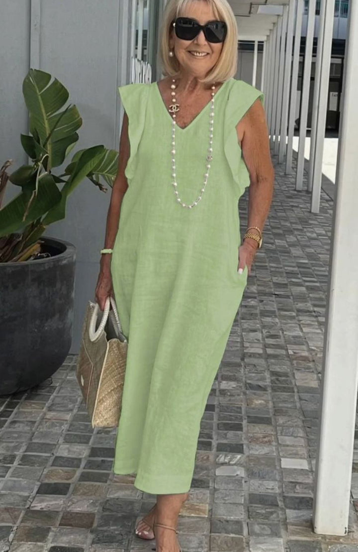 Women's Ruffle-Shoulder V-Neck Sleeveless Midi Sundress - Light Green