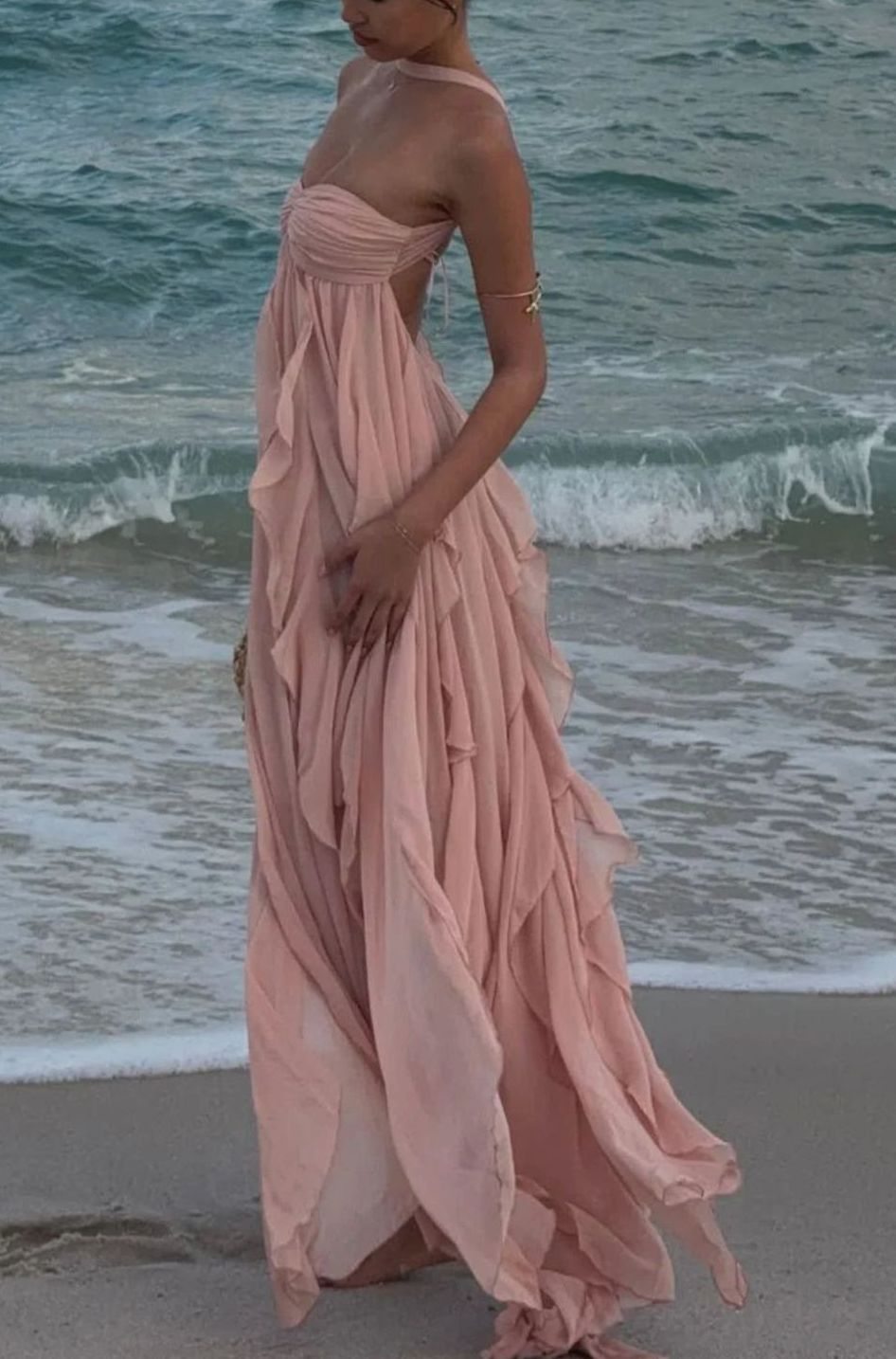 Women's Ruffled Halter-Neck Chiffon Pink Maxi Dress - Baby Pink