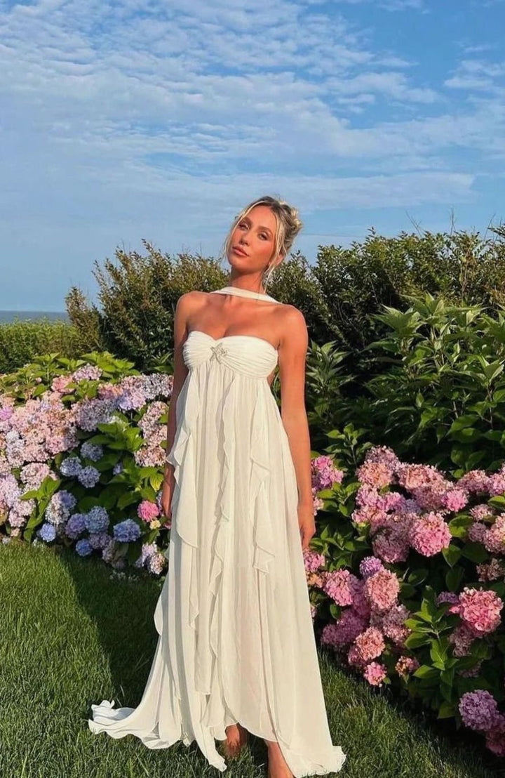 Women's Ruffled Halter-Neck Chiffon Pink Maxi Dress