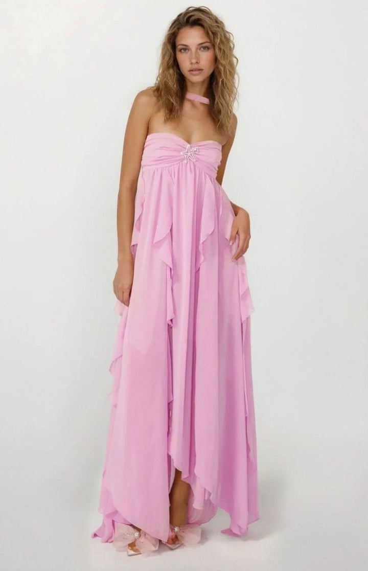 Women's Ruffled Halter-Neck Chiffon Pink Maxi Dress
