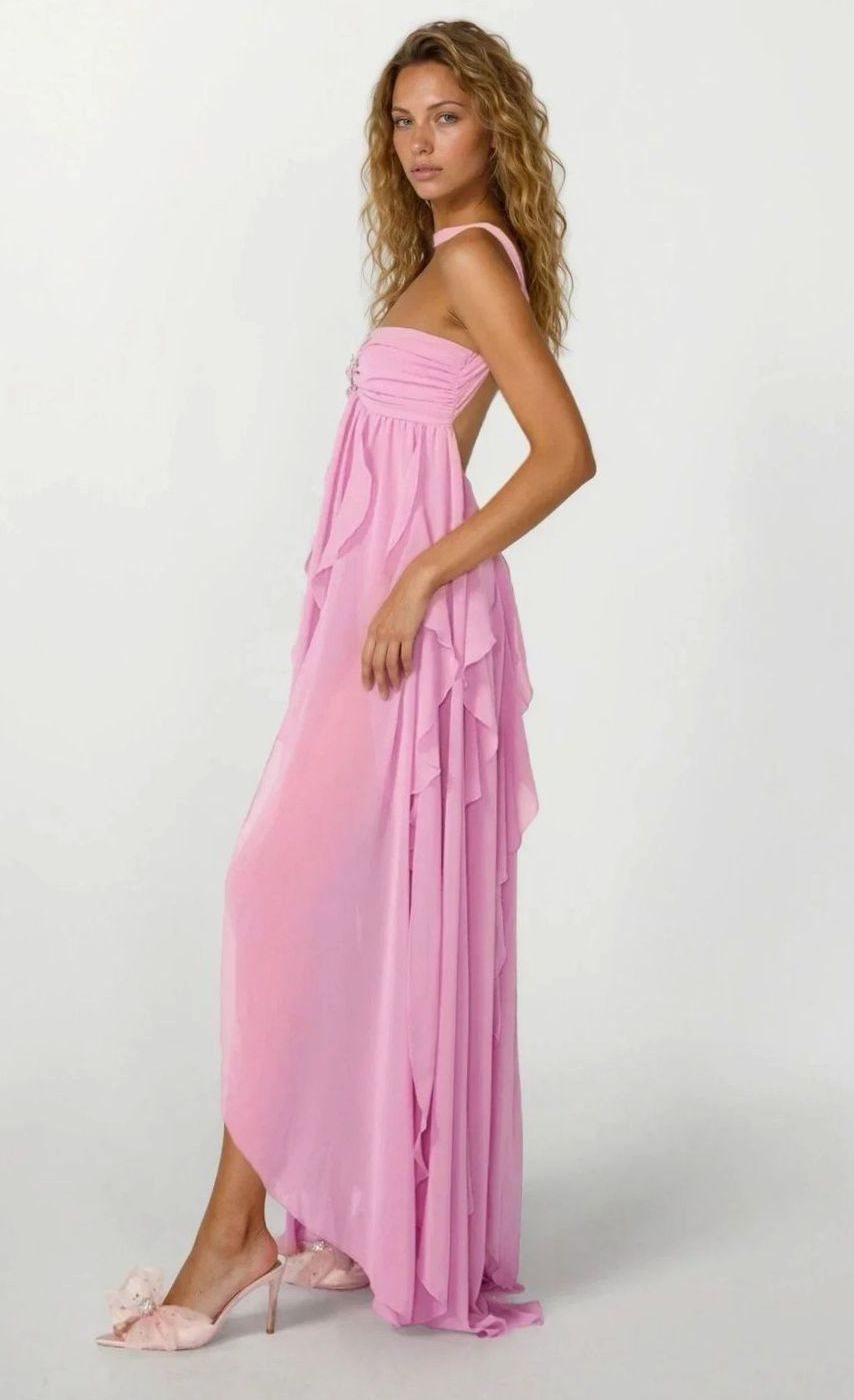 Women's Ruffled Halter-Neck Chiffon Pink Maxi Dress
