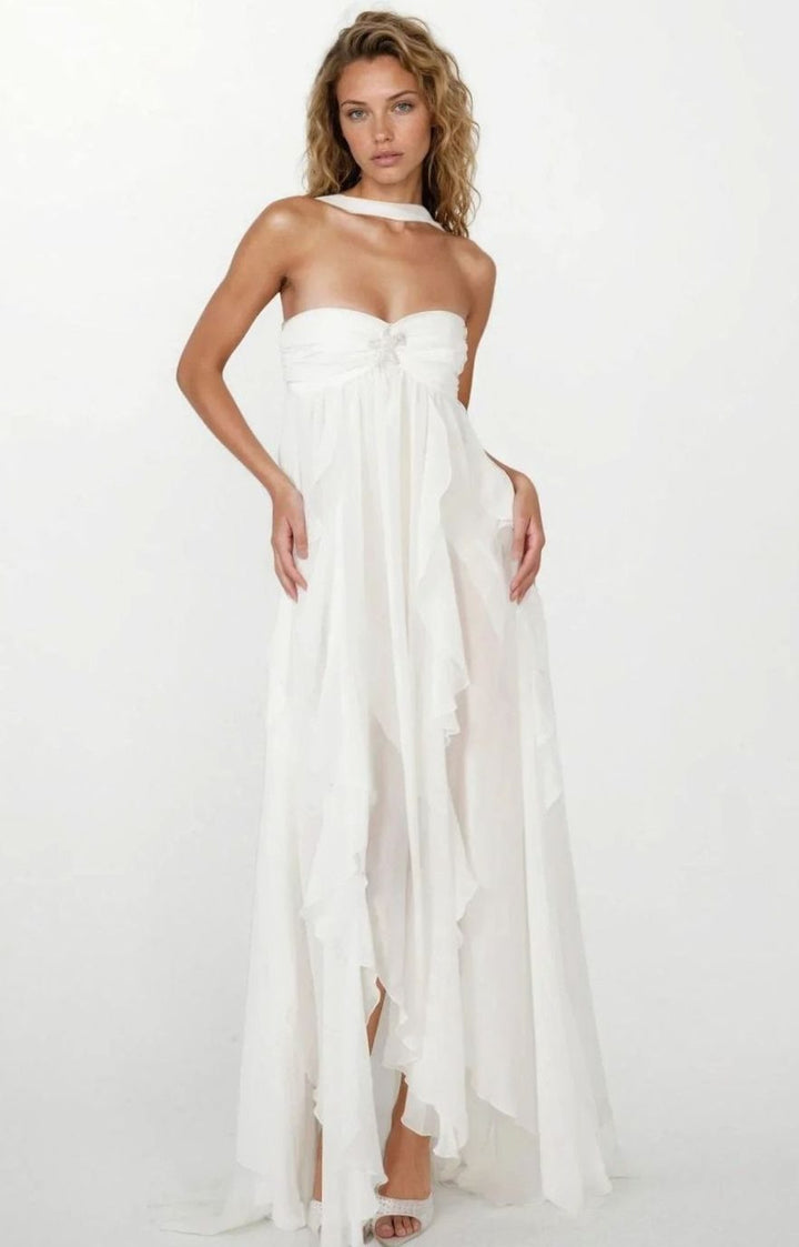 Women's Ruffled Halter-Neck Chiffon Pink Maxi Dress