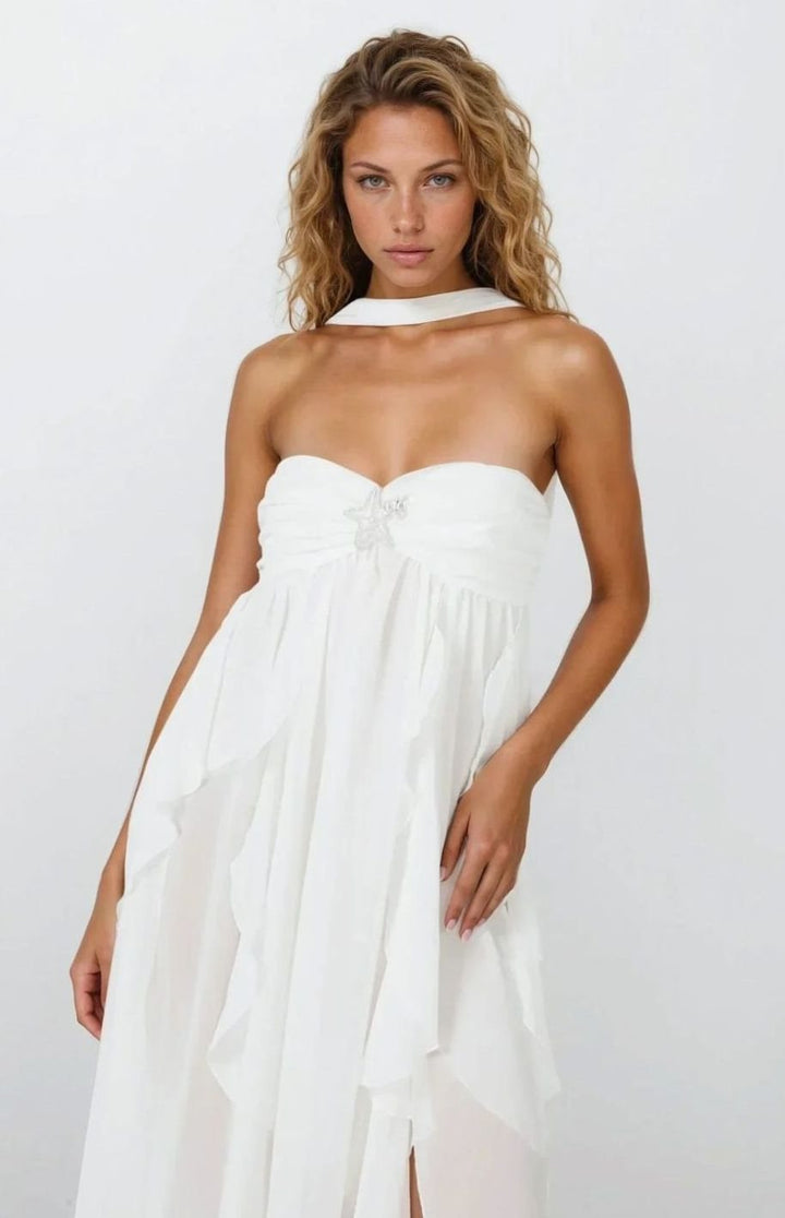Women's Ruffled Halter-Neck Chiffon Pink Maxi Dress