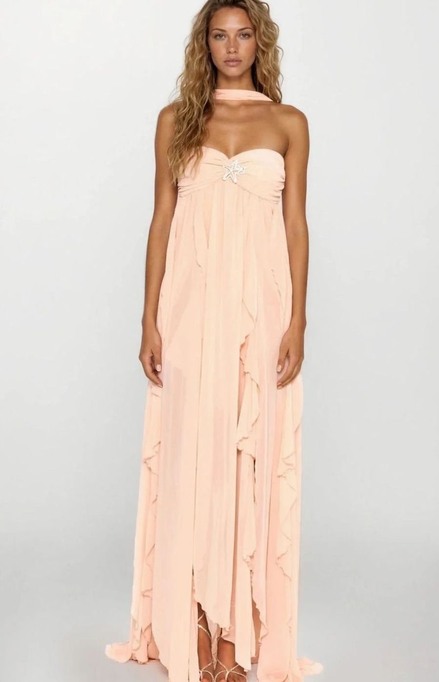 Women's Ruffled Halter-Neck Chiffon Pink Maxi Dress