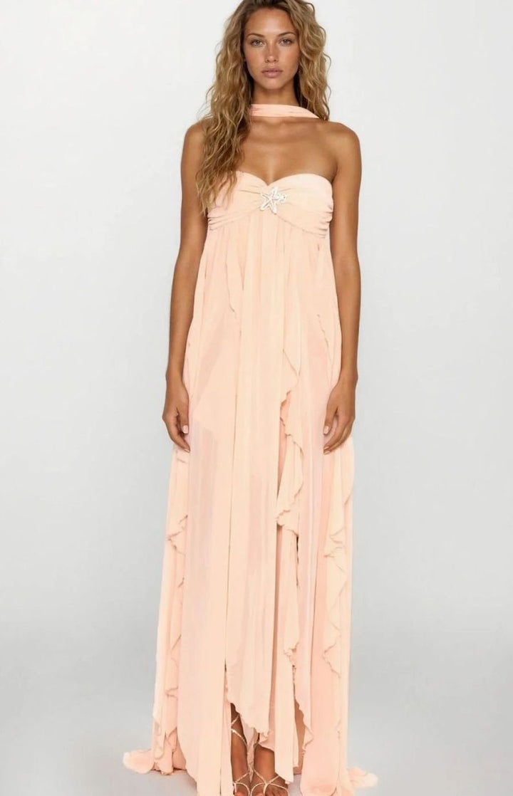 Women's Ruffled Halter-Neck Chiffon Pink Maxi Dress