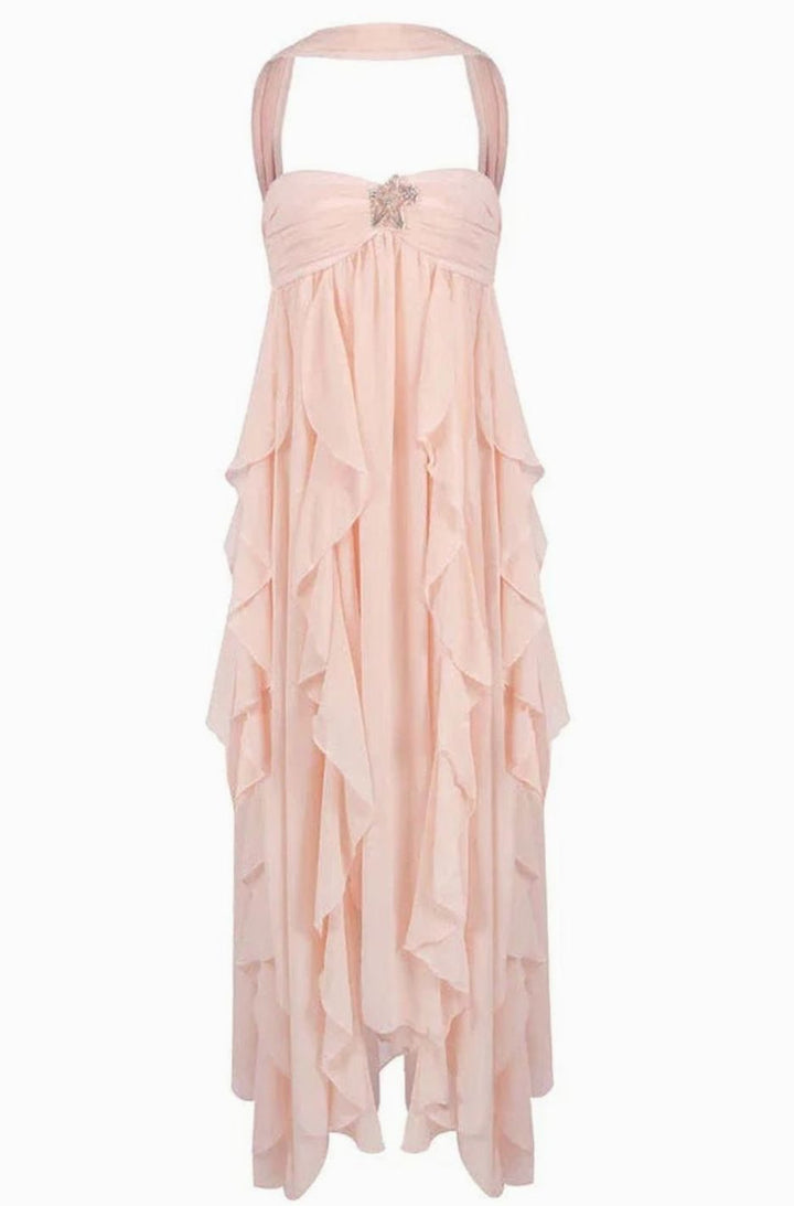 Women's Ruffled Halter-Neck Chiffon Pink Maxi Dress