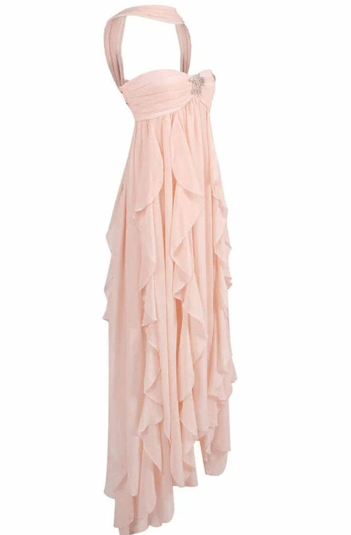 Women's Ruffled Halter-Neck Chiffon Pink Maxi Dress
