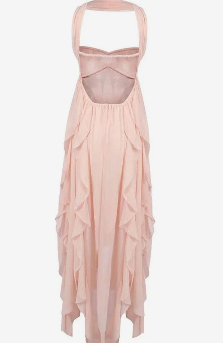 Women's Ruffled Halter-Neck Chiffon Pink Maxi Dress