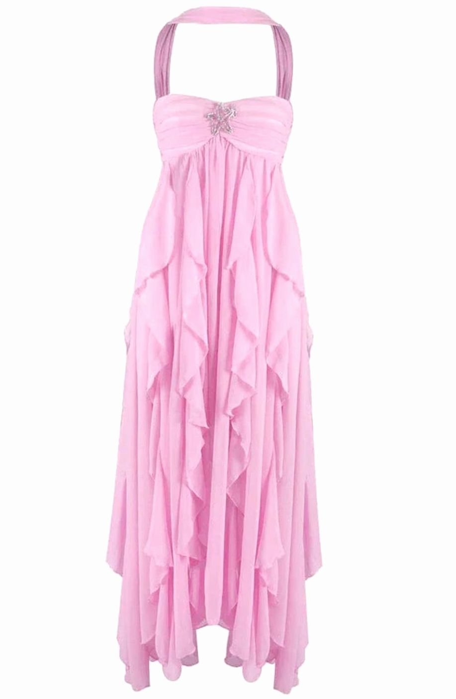 Women's Ruffled Halter-Neck Chiffon Pink Maxi Dress
