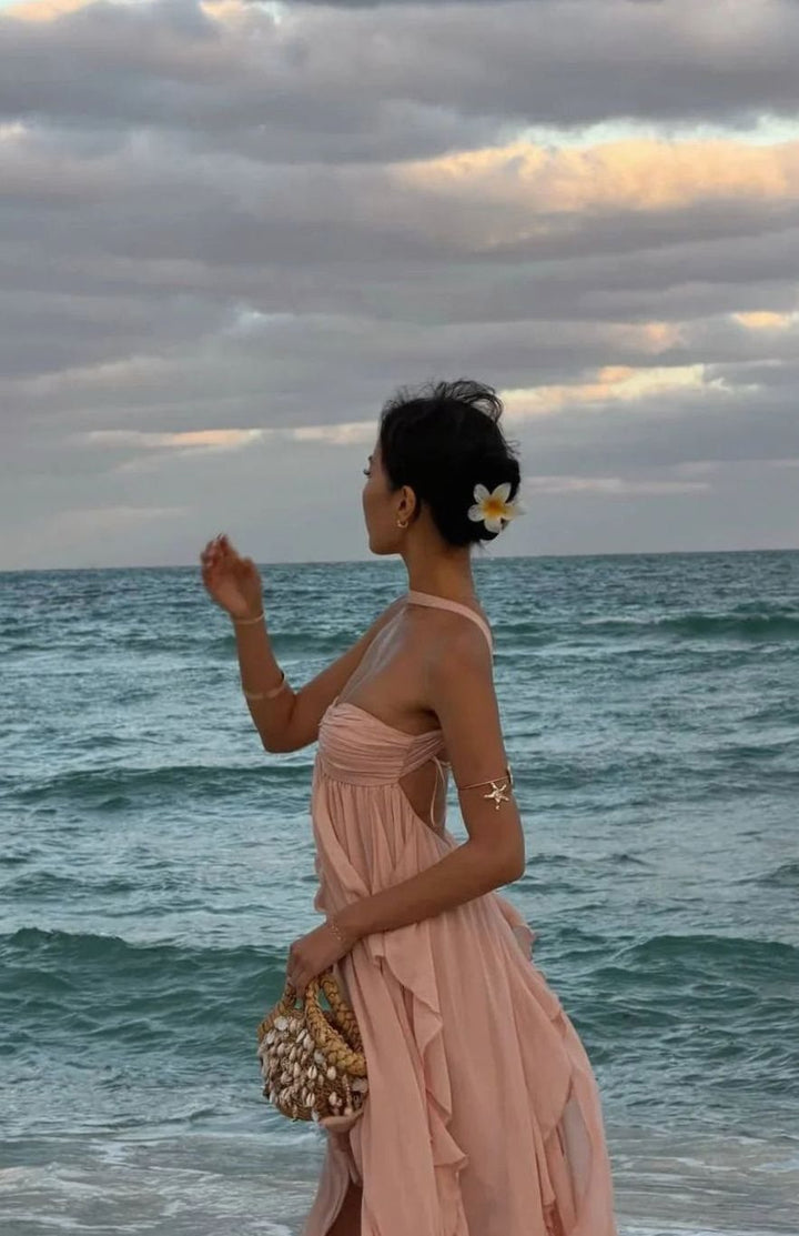 Women's Ruffled Halter-Neck Chiffon Pink Maxi Dress