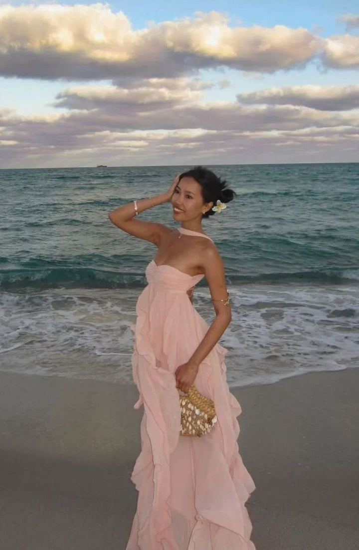 Women's Ruffled Halter-Neck Chiffon Pink Maxi Dress