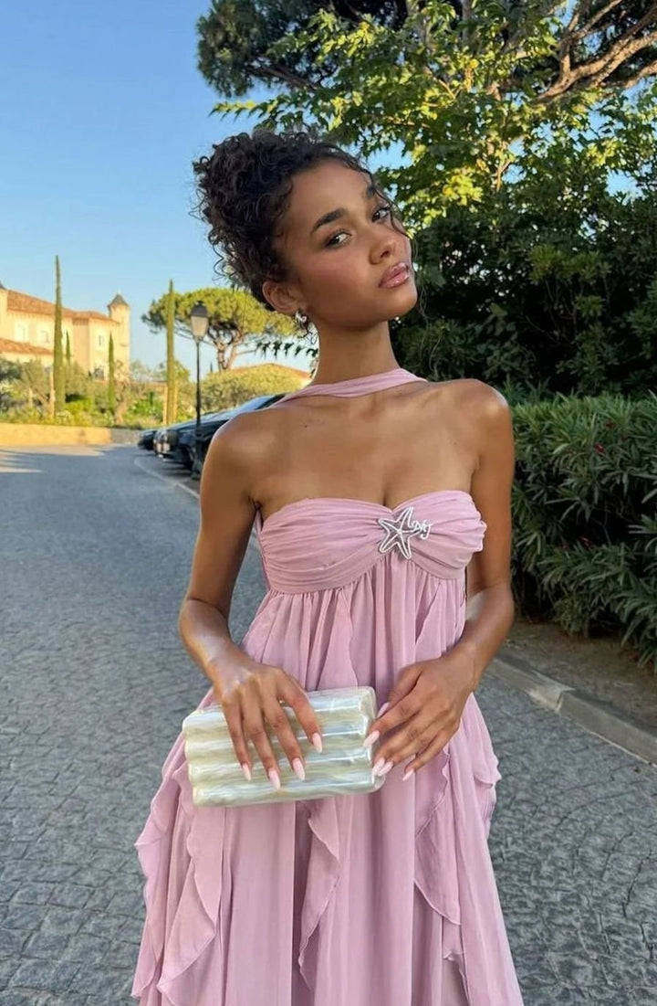 Women's Ruffled Halter-Neck Chiffon Pink Maxi Dress - Pink