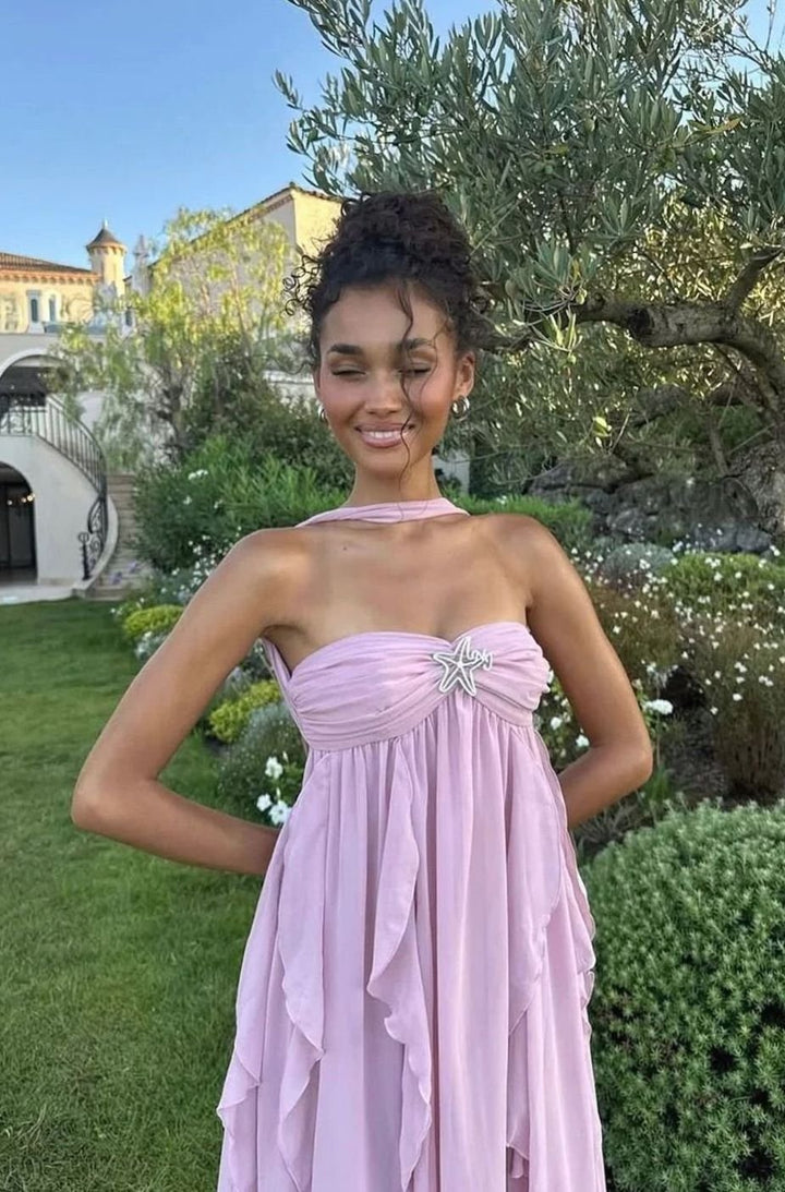 Women's Ruffled Halter-Neck Chiffon Pink Maxi Dress