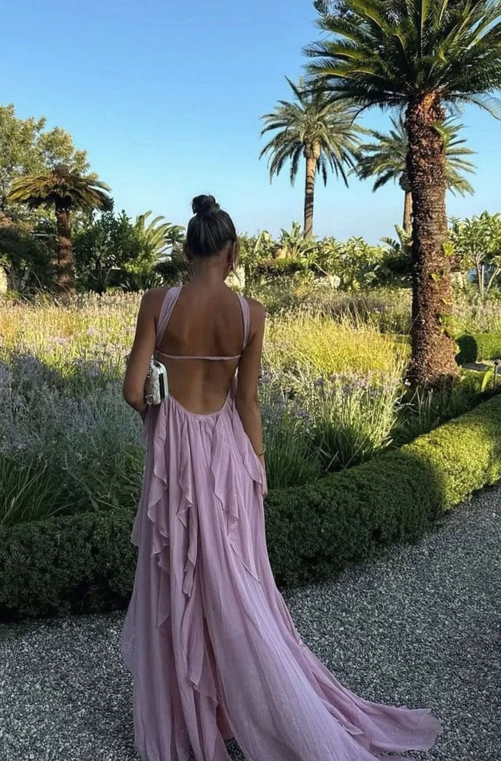 Women's Ruffled Halter-Neck Chiffon Pink Maxi Dress