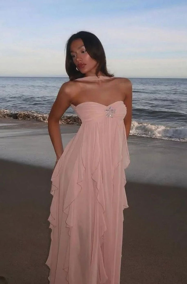 Women's Ruffled Halter-Neck Chiffon Pink Maxi Dress
